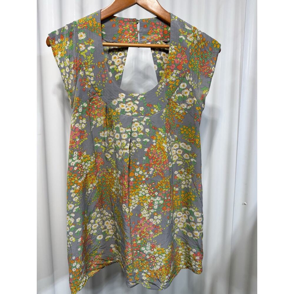 Lauren Moffatt 100% Silk Floral Tunic Top Medium Open Back Cutout Grey Orange